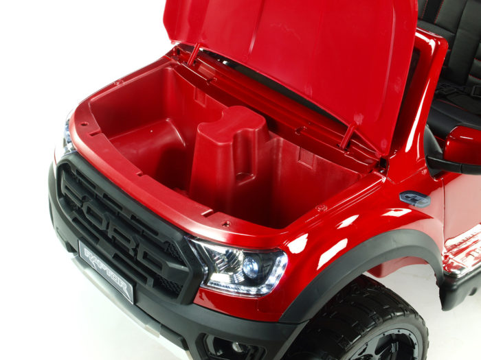 Kinderauto-Kinder-Elektroauto-Ford Raptor-2x45W-2-Sitzer-weinrot-lackiert-Kofferraum-vorn