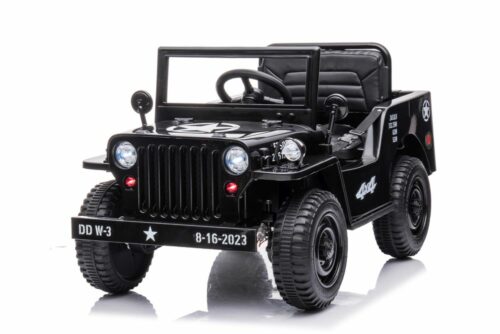 Jeep Willys MB Retro 1-Sitzer Kinder Elektroauto in schwarz mit 4x45W Allrad Ledersitz und EVA Reifen.