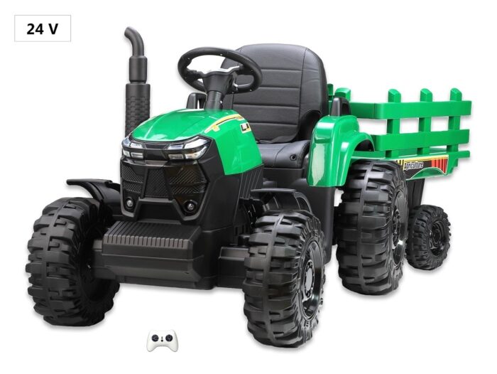 Kinder Elektro Traktor Farmer 2023 mit 24V und 2x200W - total 400W in grün mit EVA Reifen Ledersitz und Fernbedienung