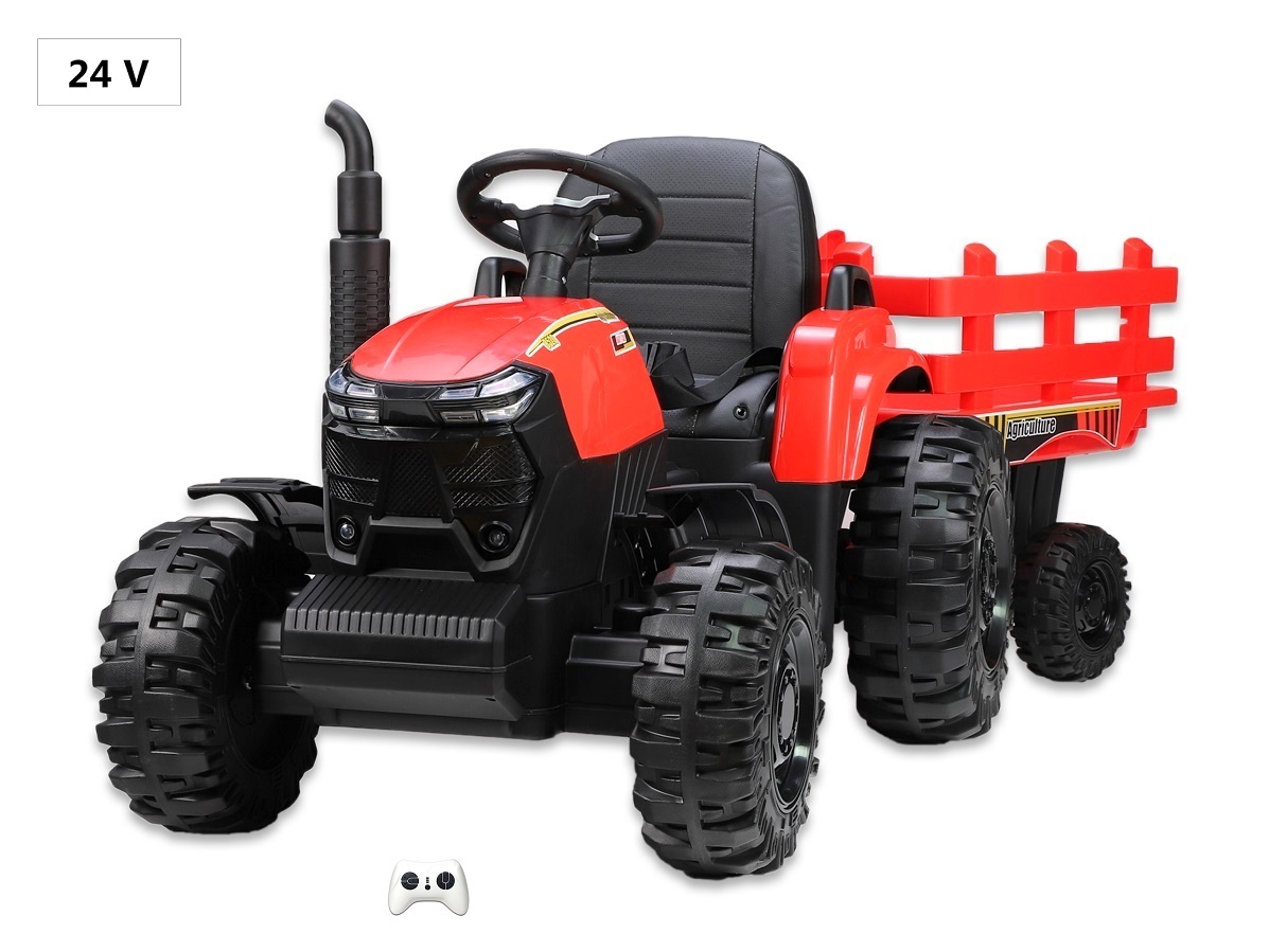 Kinder Elektro Traktor Farmer 2023 mit 24V und 2x200W - total 400W in rot mit EVA Reifen Ledersitz und Fernbedienung